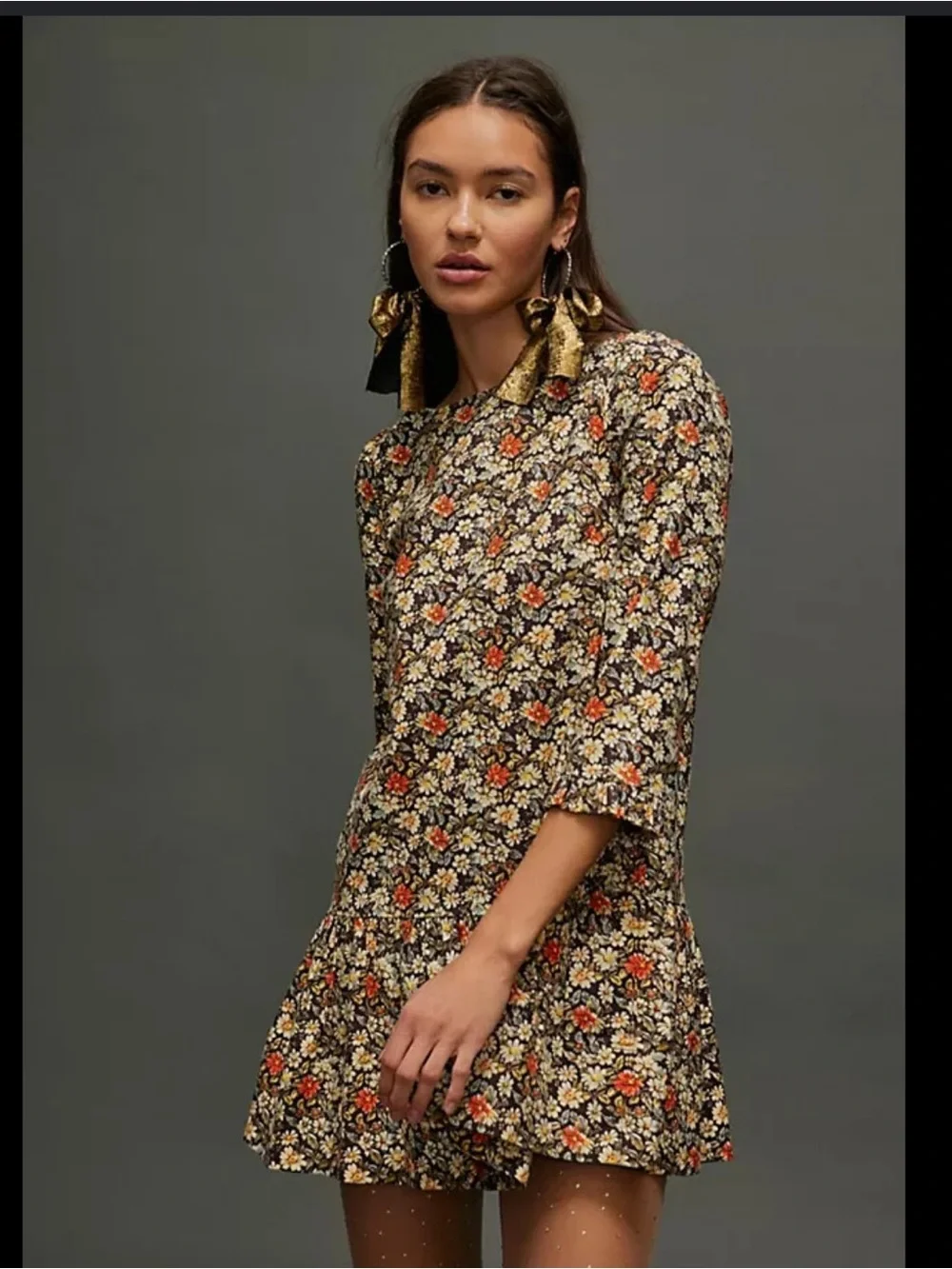 Free People Black Floral Mini Skirt with Orange and Cream Accents